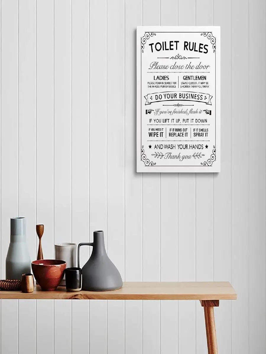 OGILRE Vintage Toilet Rules Canvas Wall Art  Funny Bathroom Quotes x Inch Framed Print Home Decor Poster for Bathroom