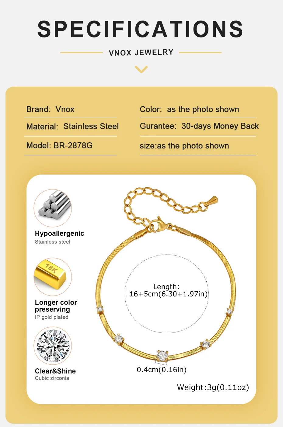 Vnox Elegantes Rundes Zirkonia-Kettenarmband für Damen, 18K Vergoldeter Edelstahl-Choker, Stapelbarer Hochzeitsschmuck – Detail 4
