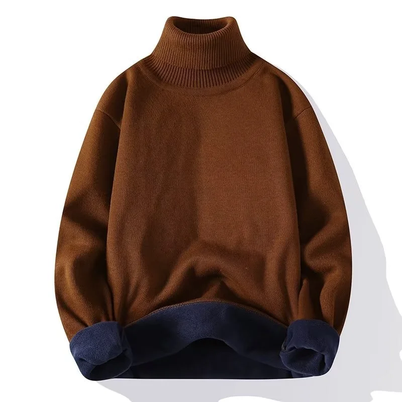 

Autumn Winter One Piece Fleece Sweater for Men Turtleneck European American Casual Young Solid Color Pullover Knit Top