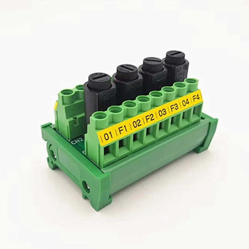 DIN Rail Mount 4 Channel  Fuses 8 Position Screw Terminal Block Distribution Module 10A 5x20mm Black fuse holder.