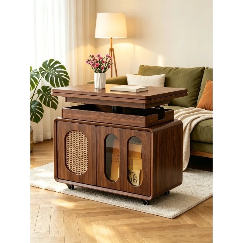 Height Adjustable Wheeled End Table Foldable Dual Purpose Coffee Dining Desk Portable Tea Table for Home