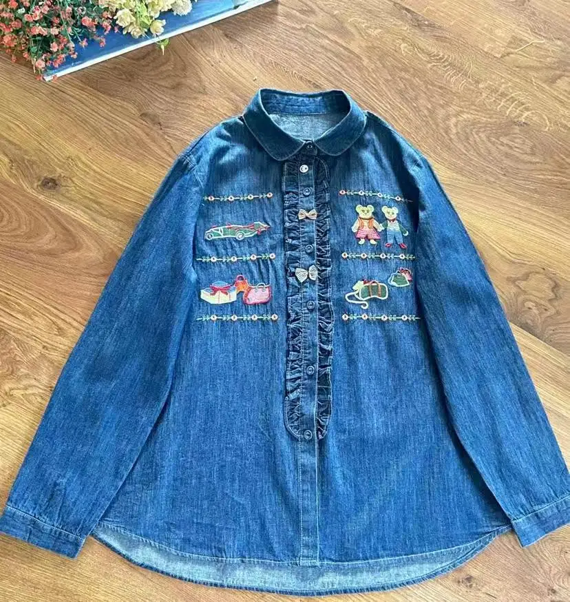 Spring New Japanese Vintage Mori Girl Cartoon Bear Embroidery Denim Cotton Shirts Women Turn Down Collar Long Sleeve Casual Tops