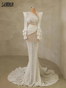 Luxury Mermaid Wedding Dress Illusion Pearls Sequins Bride Robe Elegant Long Sleeve Bridal Dresses Vestidos De Novia
