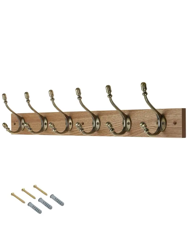 WallMounted Coat Rack 6 Hook Rail, 69cm, Handcrafted Dark Wood with Antique Brass Hooks for Coats, Towels amp Bags