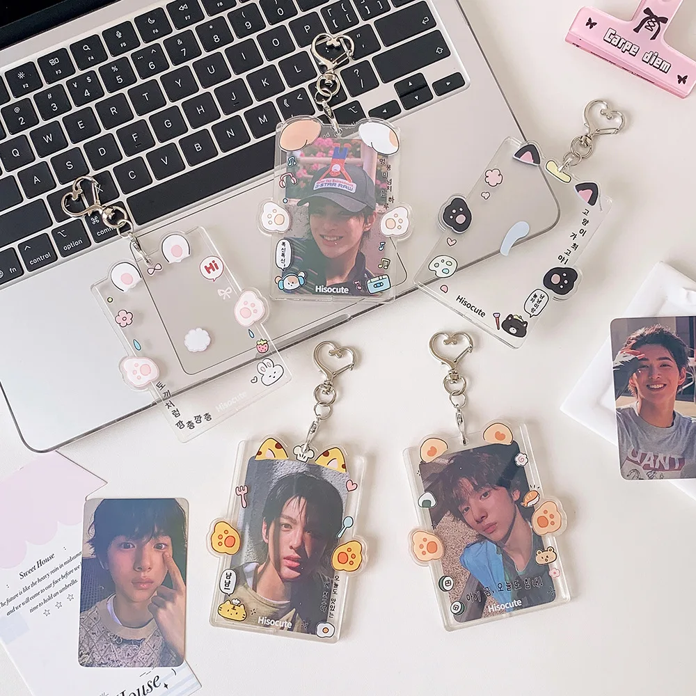 Kpop Cute Cartoon Cat Ear Acrylic 3in Photo Card Holder Fashion Girls Bag Decoration Pendant Keychain Student Storage Card Bag