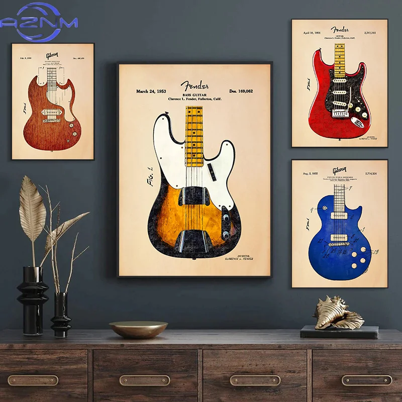 AZNM Minimalist Music Guitar Poster Guitar Art Blueprint Prints The Tuning Pegs Canvas Painting Wall Pictures Home Music Studio