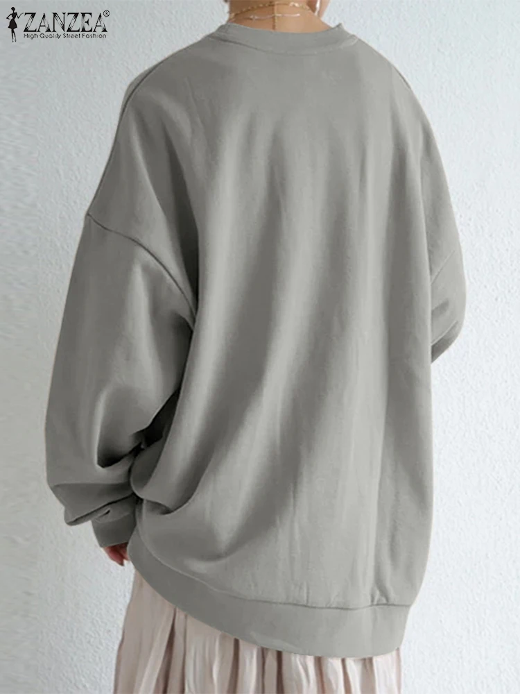 ZANZEA Herbst 2025, Damen-Sweatshirt mit Fleece-Futter, übergroß, locker, langärmelig, O-Ausschnitt, lässig, einfarbig, Pullover, Tops, Streetwear
