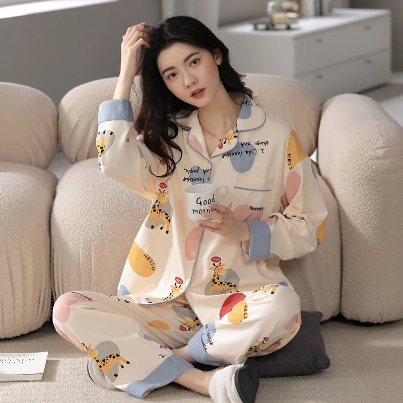 

Spring Women Cotton Pajamas Cartoon Cute Long Sleeve Pants Household Summer Girl Heart Clothes Suit Birthday Gift