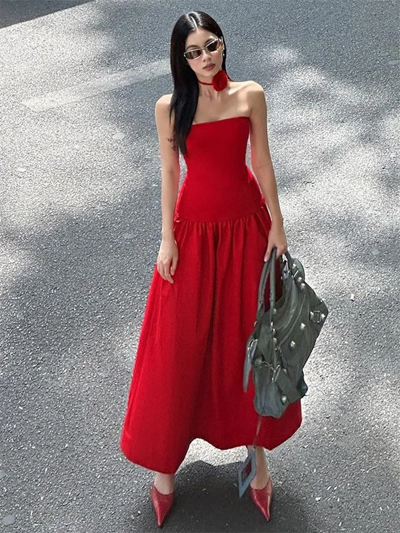 Elegant French Style Red Strapless Evening Gown Three-dimensional Rose Neck Prom Dress High-End Waist Cinched Photo Beach Party