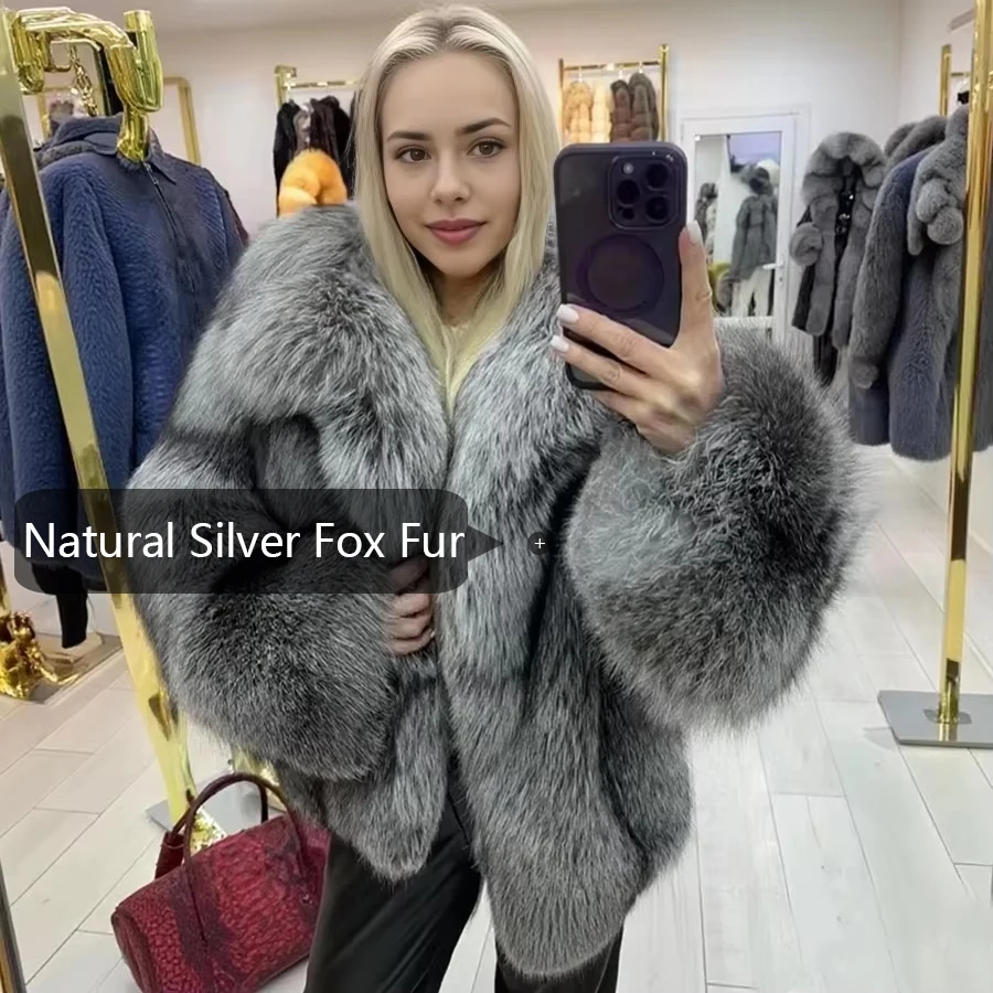 Real Fox Fur Coat With Turndown Collar Natural Silver Fox Fur Jacket Short Fur Coat Best Selling Women's Winter Jacket