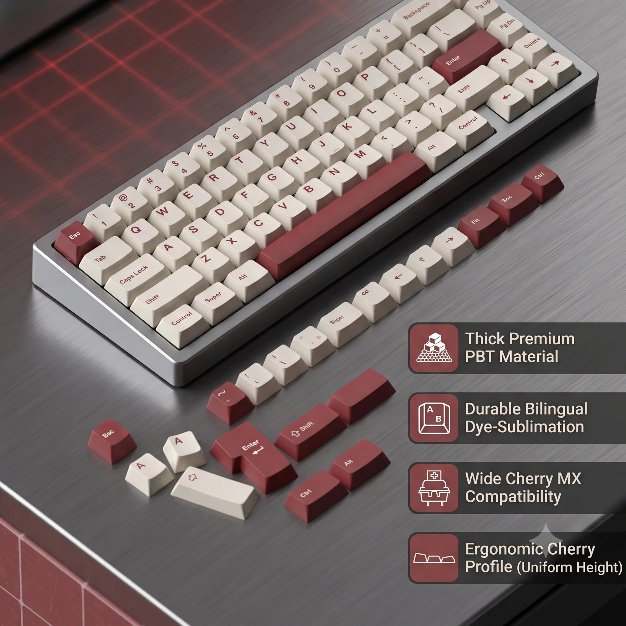 JKDK Cherry Profile PBT Keycaps Dye-Sub Retro White Red Keycap Set 2mm Thick for 60 65% 75% 87 104 Mechanical Keyboard WKL Alice