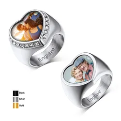 U7 Stainless Steel Custom Photo Heart Shape Rings for Men Women Lover Pet Family Photos Union Club Logo Image Personalized Gift
