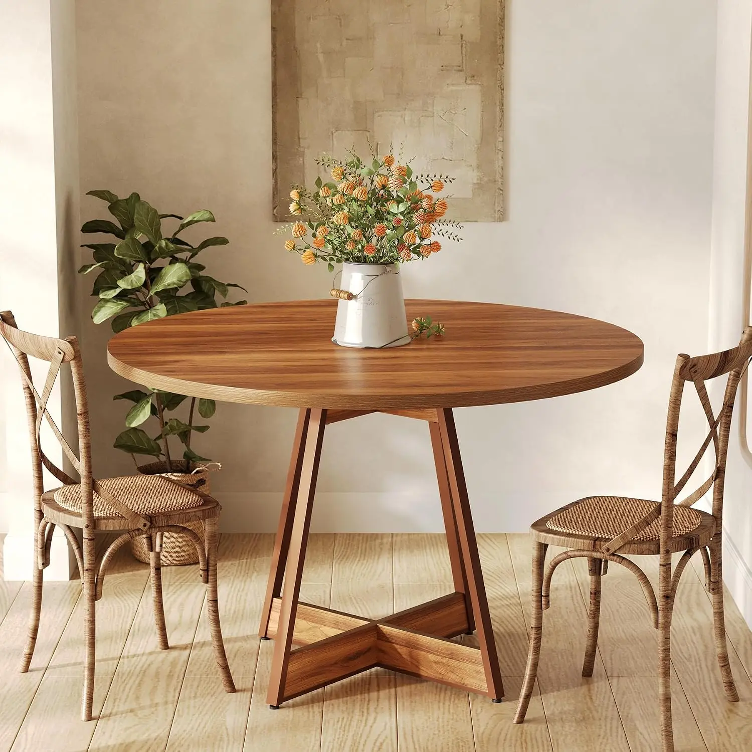 39 Inches Round Dining Table for 2-4, Farmhouse Circle Kitchen Table for Dining Room, Wooden Dinner Table with Heavy Duty Pedestal, Small Bistro Table for Restaurant, Brown