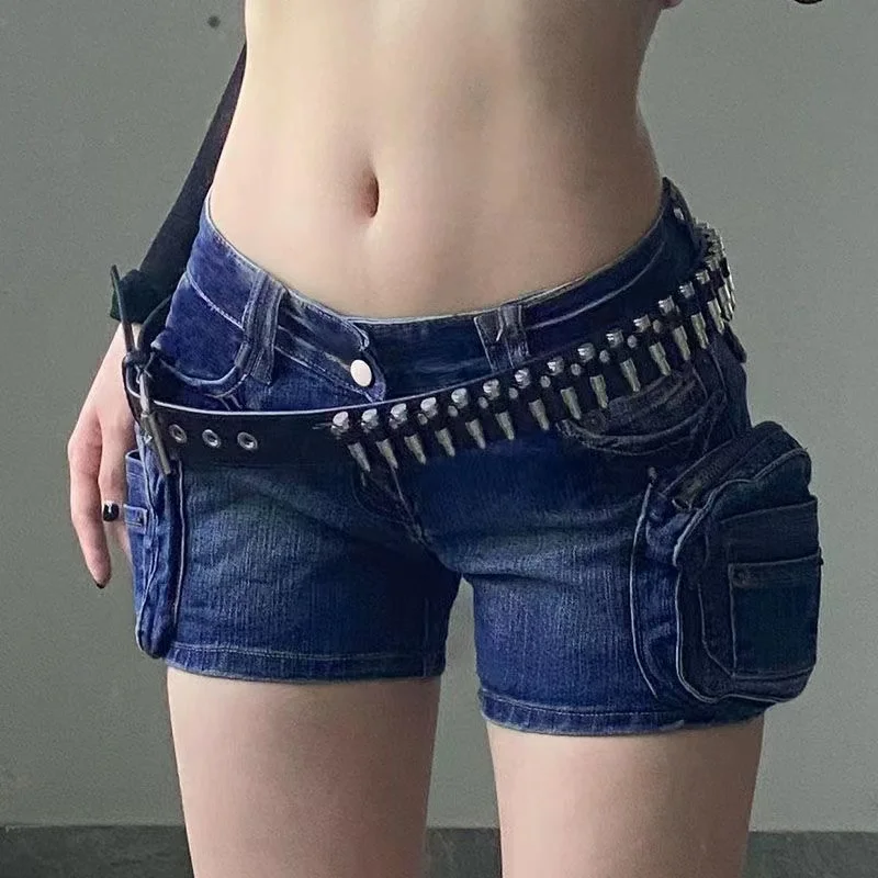 blue Spicy Girl Low Waist Denim Shorts Women Summer New Fashion Studded Bead Rivet Nightclub Sexy Slim Short Hot Pants Women