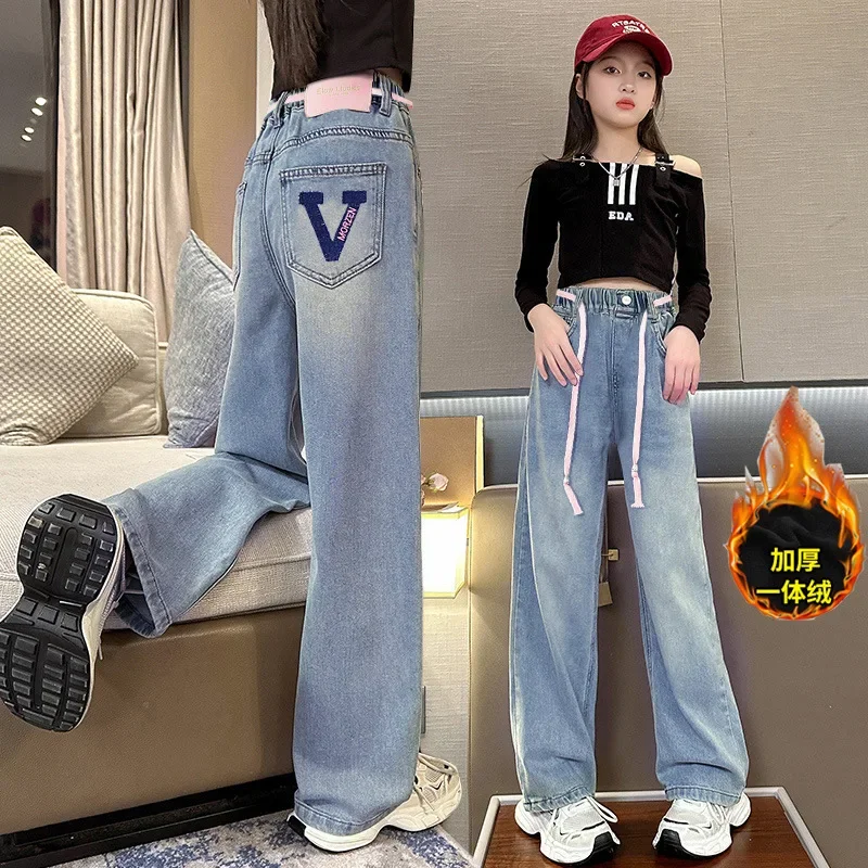 Teenage Girls Jeans With Fleece Autumn Winter Casual Fashion Kids Wide Leg Insulated Jeans Pants School Children Denim Trousers