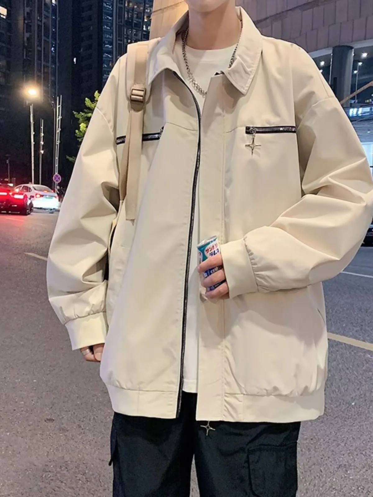 

Casual Loose Men's Jaet Spring Autumn Zipper Design Faionable Flip Collar Versatile for Teenagers Windproof Polyester Nyl...