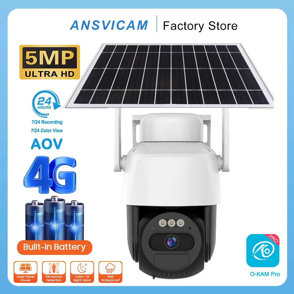 ANSVICAM 2K 5MP Solar Camera 4G SIM Security Outdoor Low Power Solar AOV Camera PIR Human Detection PTZ Battery Cam O-Kam Pro