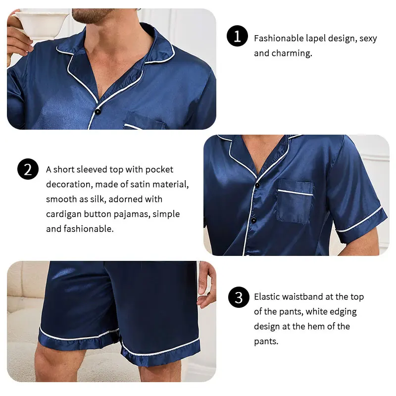 New Men\'s Satin Pajama Sets For Summer Casual Pijama Button Cardigan Short Sleeve Shirt With Shorts Homewear Sleepwear Set