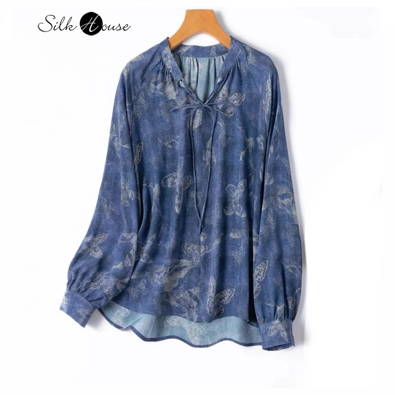 

Butterfly Print 100% Natural Mulberry Silk Crepe De Chine V-neck Lace Up Raglan Sleeves Loose Straight Tube Long Sleeved Shirt