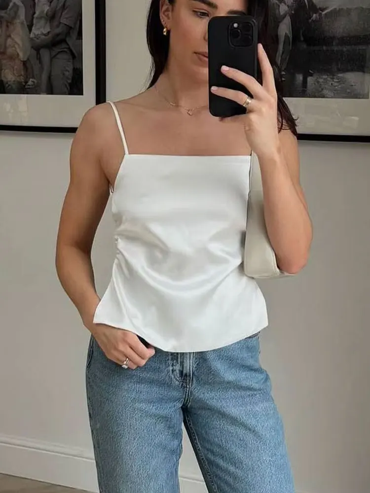 HH 2024 mujer verano casual Sexy espalda descubierta Camis Top cuello alto ajustado sólido tirantes espagueti sin mangas Vintage camisetas sin mangas