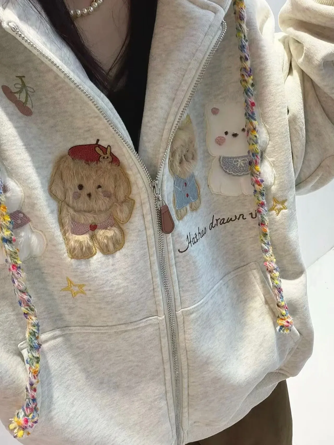 

Fleece Lined Heavyweight Cartoon Embroidered Dog Hoodie Women's Loose Casual Thickened Hooded Open Cardigan Outerwear