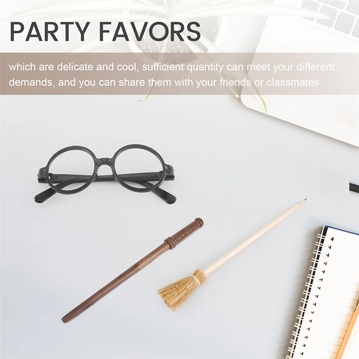 ดินสอไม้กวาดแม่มด36ชิ้นและดินสอไม้กายสิทธิ์และแว่นตากรอบกลมไม่มีเลนส์ชุดรูปแบบตัวช่วยสร้าง