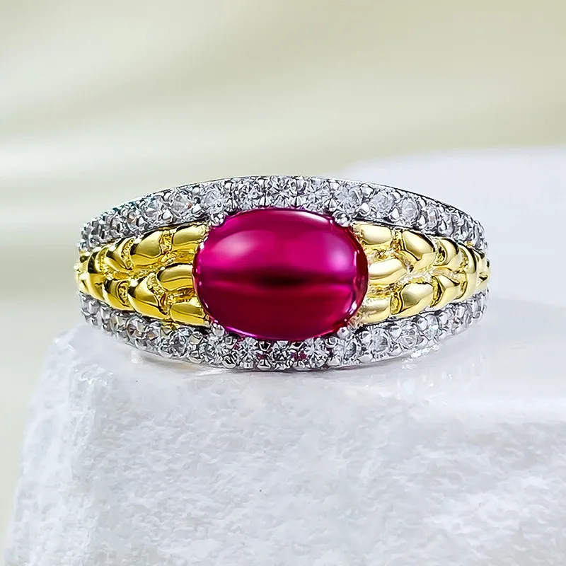 

Live Broadcast 925 Silver Gold-plated Round Chubby 6 * 8mm Pigeon Blood Red Egg Face Old Money Wind Ring for Women