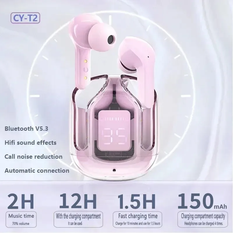 T2 Earphone Bluetooth nirkabel transparan, headphone HIFI daya LED tampilan Digital Stereo suara untuk Xiaomi