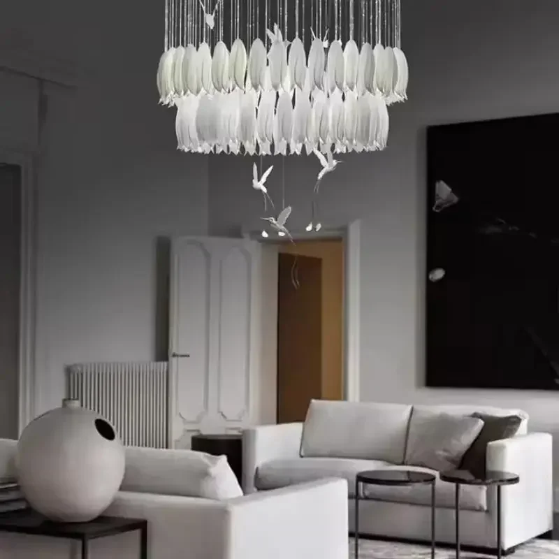

White Creative Design Ceramic Tulip LED Chandelier Luxury Duplex Building Empty Living Room Villa Spiral Staircase