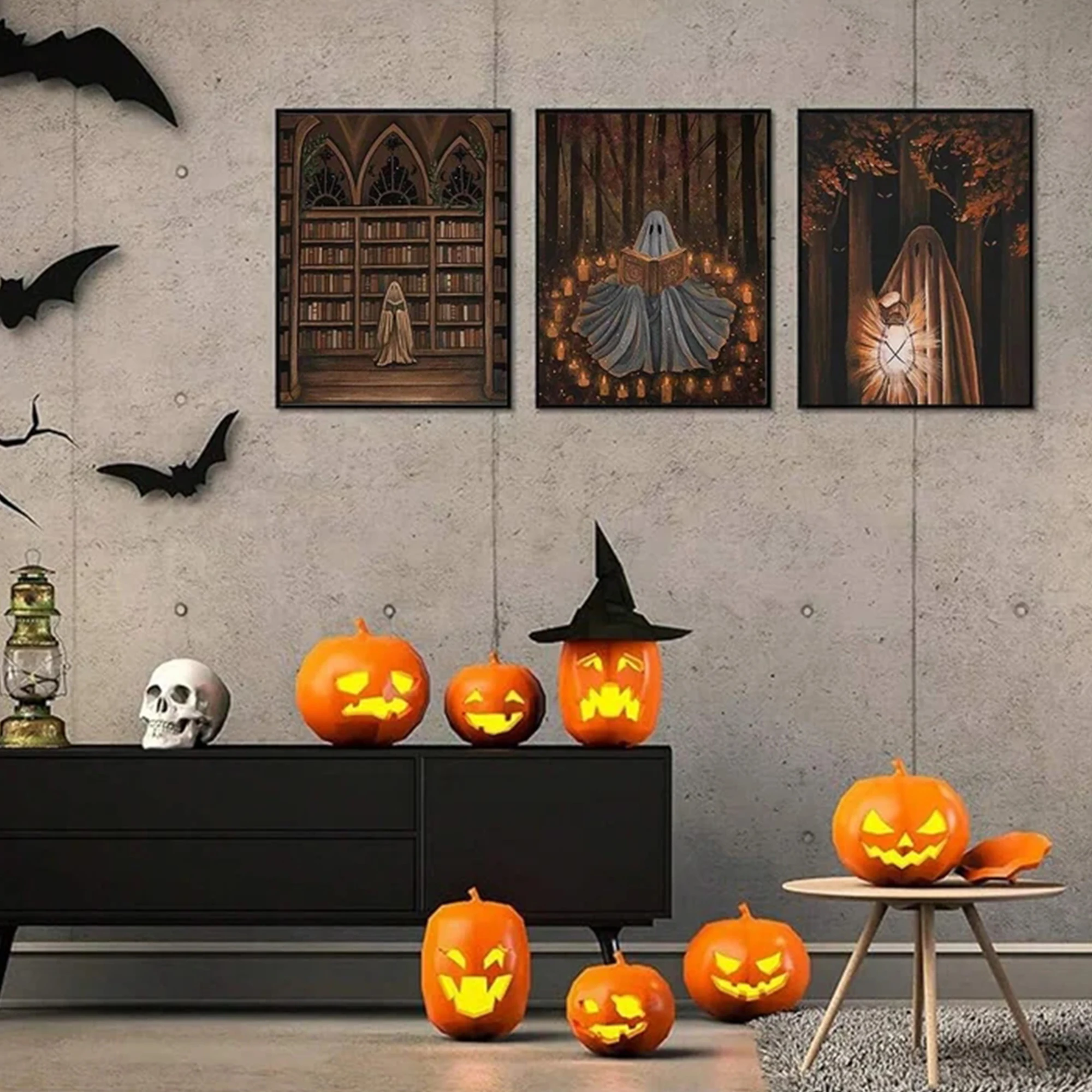 3pcs Modern Halloween Library Ghost Wall Art Print Canvas Painting Poster Picture For Living Room,Bedroom Home Decor