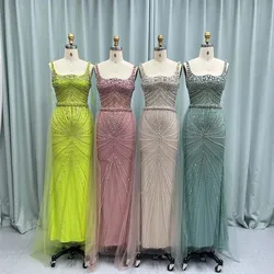 YQLNNE Sage Green Crystals Long Evening Dresses With Removable Train Tulle Beaded Formal Prom Party Gown