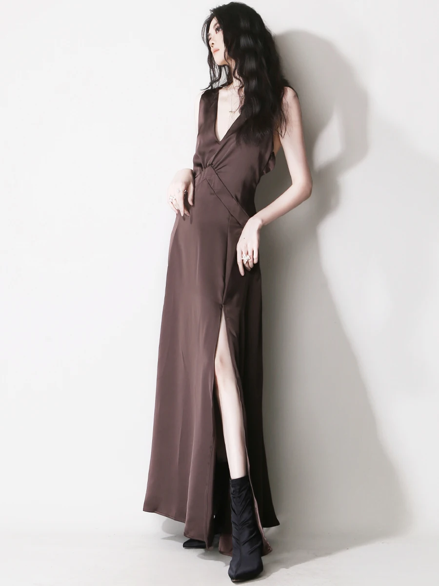 

E96 Asymmetrical High Waist V-Ne Drapey Slimming Sle Svel Silk Satin Long Dr Ci Commute Suitable A-Line Skirt