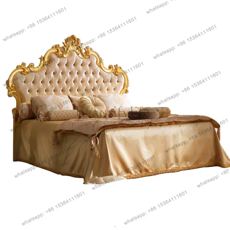 

D36French neoclassical gold foil birch double European fabric bed villa bedroom master bedroom bed furniture