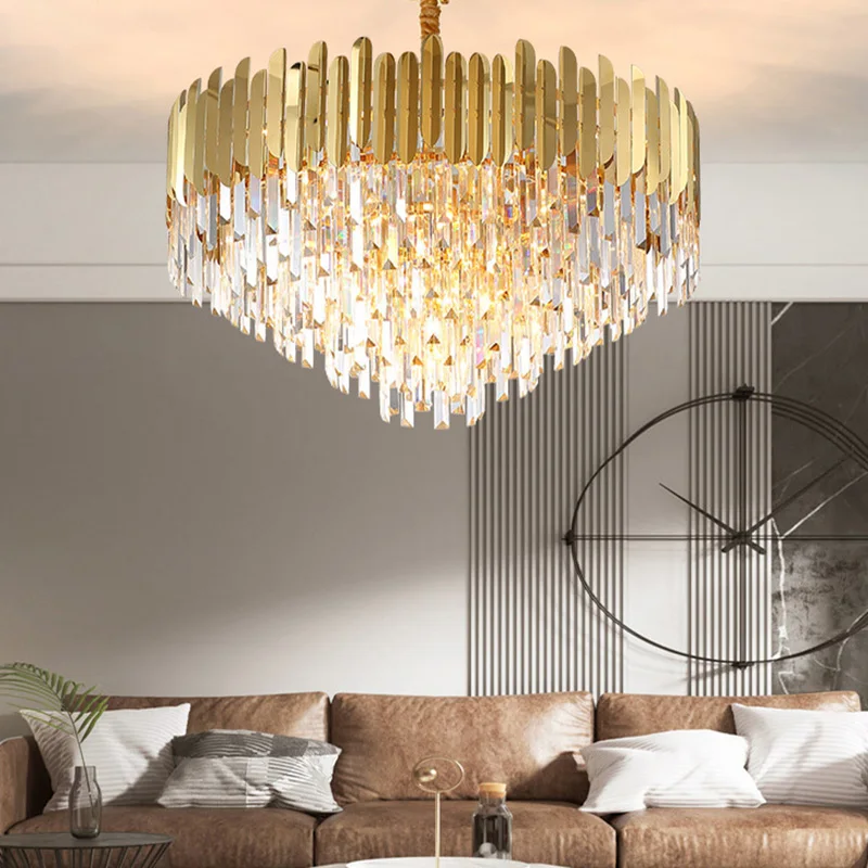 Modern Luxury Villa LED Crystal Chandelier Golden Ceiling Light for Attic Living Dining Room Bedroom Home Lighting Decor Fixture