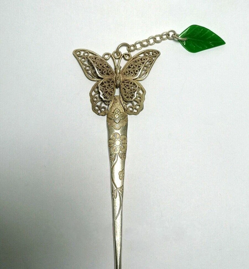 Handmade Silver Jade Butterfly Hairpin Traditional Old China Tibet Style Hair Ornament Collection Hair Accessory