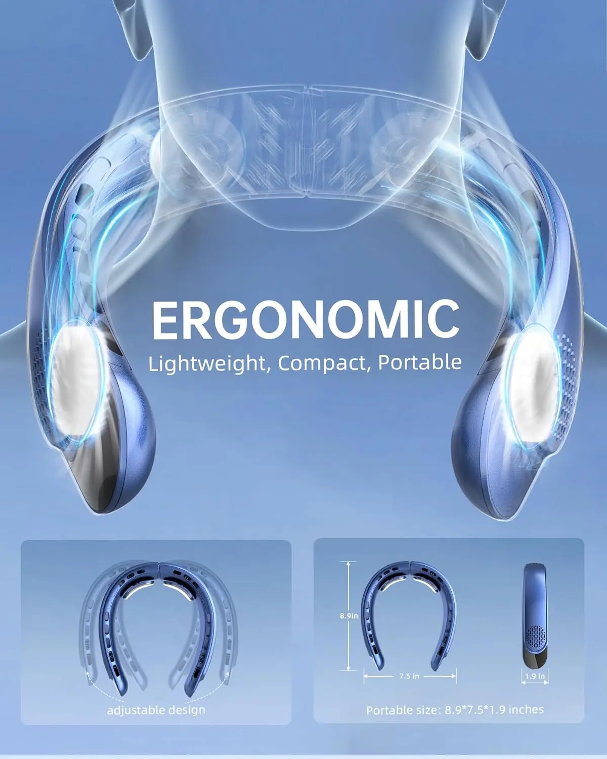 Ventilatore da collo ricaricabile con display a LED 3 velocità con batteria da 9000 mAh Supporta USB TYPE-C Viaggio portatile all'aperto