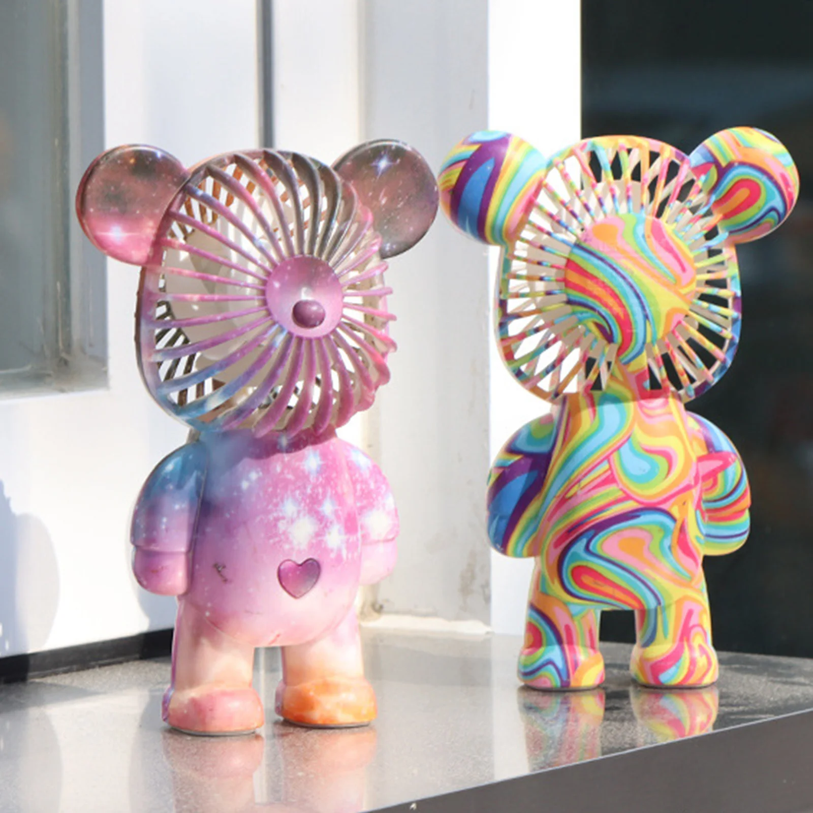 Bear Desktop Fan USB Rechargeable Graffiti Personal Fan Electroplating Gradient 3-speed for Camping Outdoor Travel