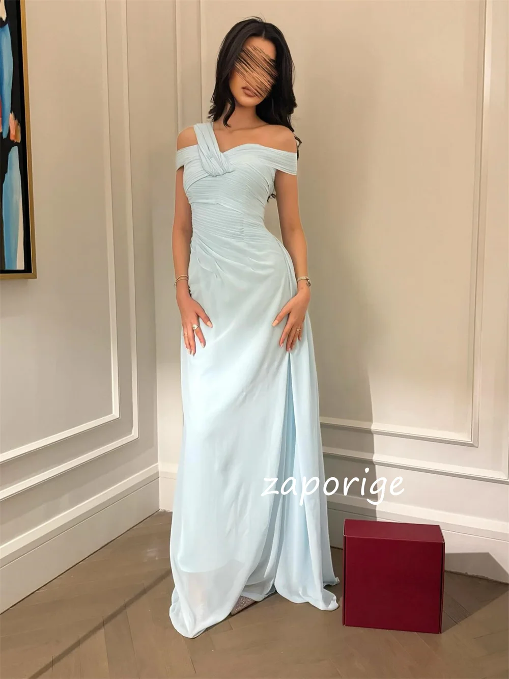 Op maat gemaakte pastrol chiffon plooi A-lijn off-the-shoulder lange jurken op maat gemaakte gelegenheid beroemdheid voortreffelijk eenvoudig