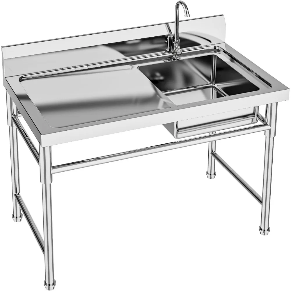 Free Standing Kitchen Sinks, Stainless Steel Single Sink Bowl Food Prep Table Restaurant Table 30