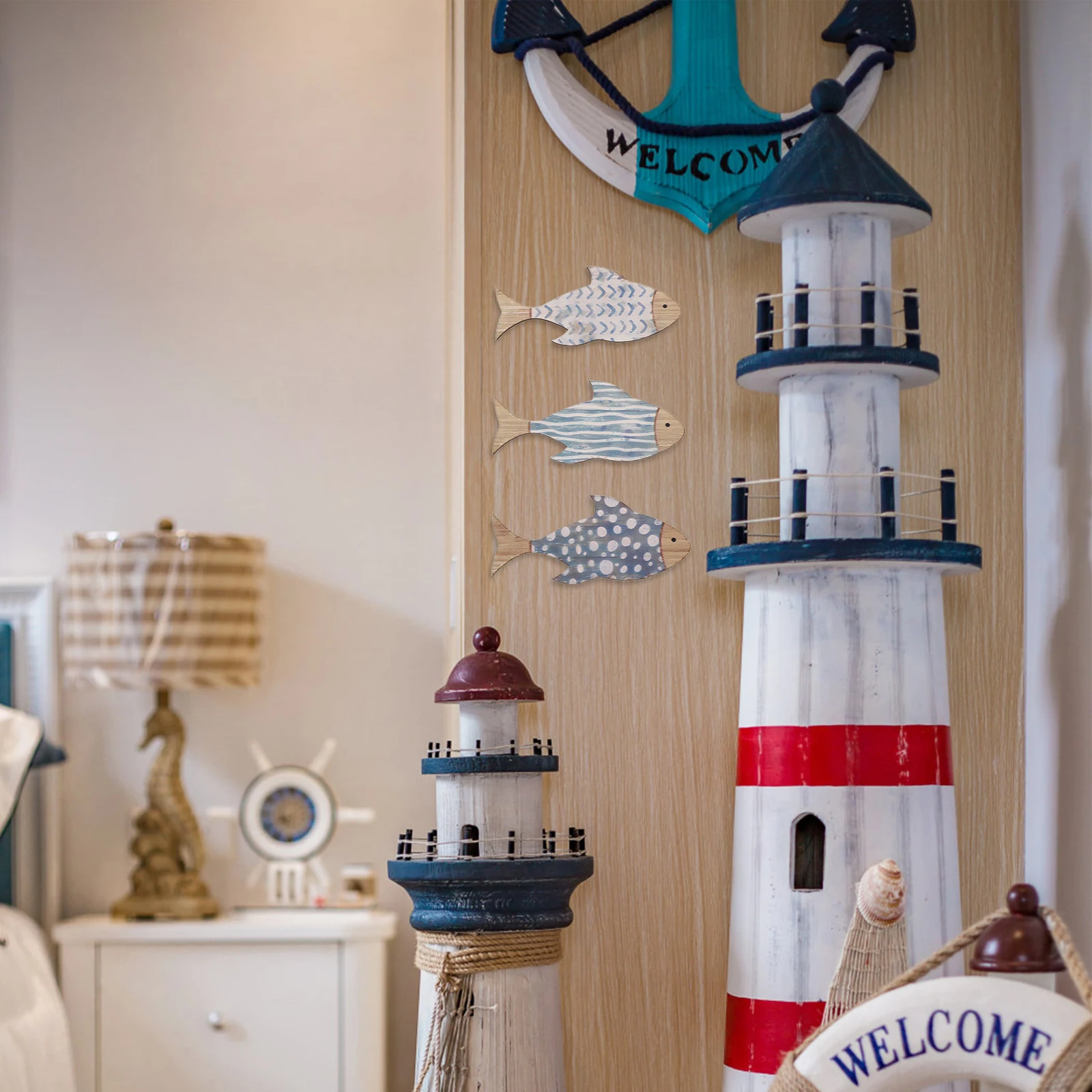

3pcs Wooden Fish School Decoration Beach Wall Art Nautical Hanging Home Coastal Lake House Ocean Theme Marine Style