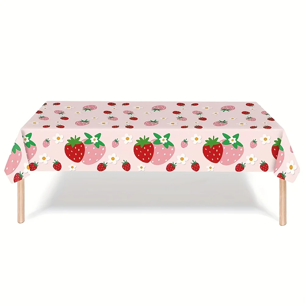 1pc Pink Strawberry Daisy Print Disposable Tablecloth,  Plastic Party Table Cover for Home Birthday Picnic Outdoor