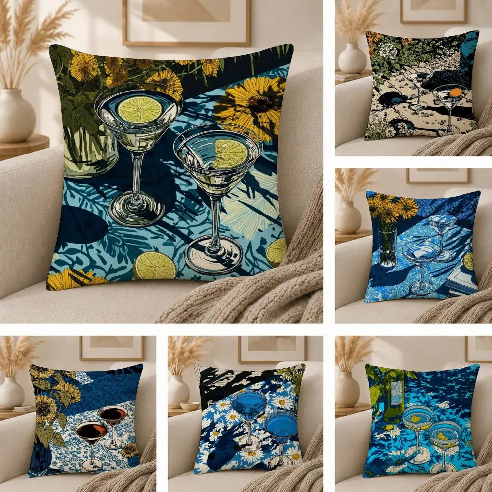 Best Selling Cocktail Glass Cushion Cover  Plush Fabric Soft Double Sided Print Sofa Cushion Cover Throw Pillow Covers