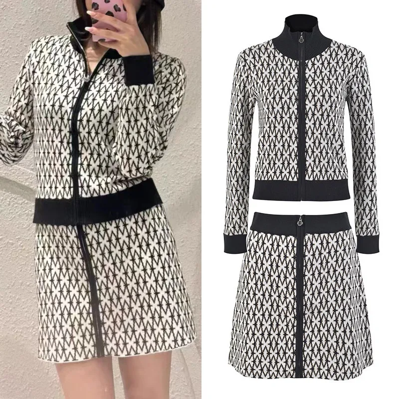 High-End Version M Home Autumn Winter Geometric Color Block High Collar Zipper Knitted Open Cardigan Top Skirt Set