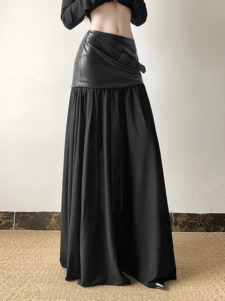 Y2k 美的ヴィンテージ PU パッチワーク女性スカート原宿ハイウエスト妖精 A ラインロングスカートストリートプリーツグランジ段段段段