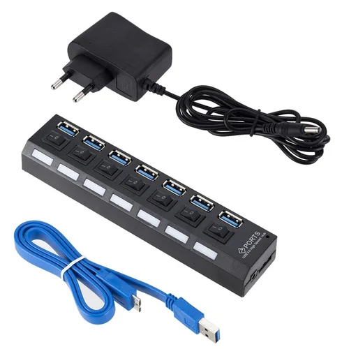 Imagen 2 del producto GRWIBEOU USB 3.0 Hub USB Hub 3,0 utiliza adaptador de corriente divisor Multi USB 7 puertos múltiples expansor de 3 Hab USB Hub con interruptor para PC
