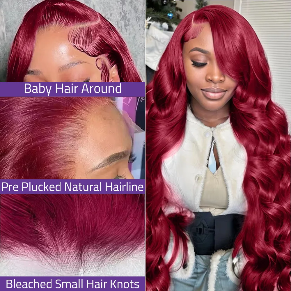 200 densidade onda do corpo 99j borgonha 13x6 hd peruca frontal de renda transparente pré arrancado 100% cabelo humano 13x4 perucas dianteiras do laço 36 Polegada