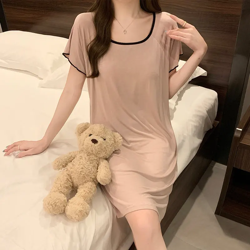Trendy Modal Sleep Dress Women's Short Sleeve Ice Silk Cooling Pad Included Summer Home Clothes round Neck Pure Color