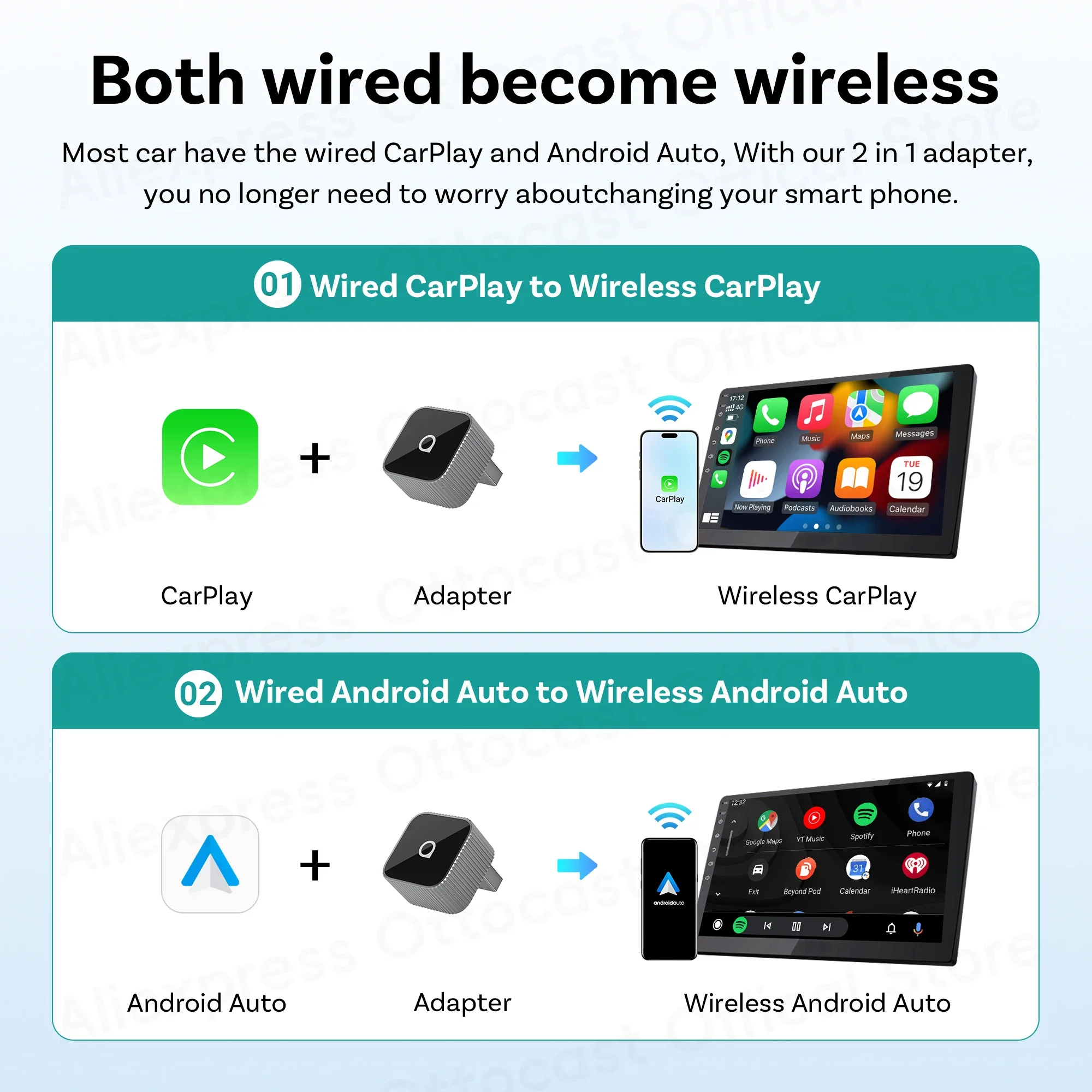 OTTOCAST Cube MINI Slim Adapter 2 in 1 Wireless CarPlay Android Auto Dongle USB Car Accessories for iPhone 8 to 17 Samsung Galax