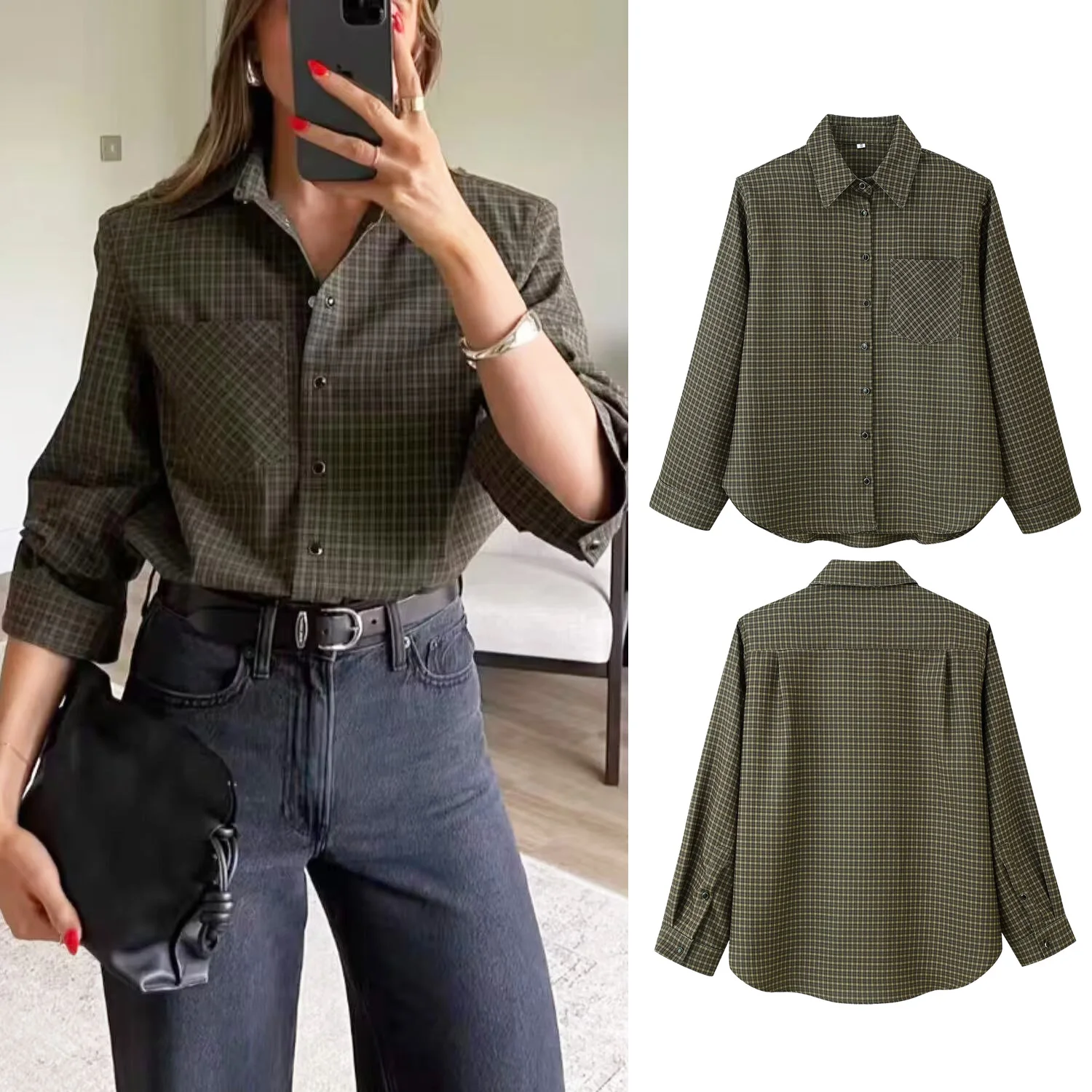 Women Vintage Green Plaid Shirt Single Breasted Casual Shoulder Pad Turn-Down Collar Long Sleeve Blouses Lady Shirts