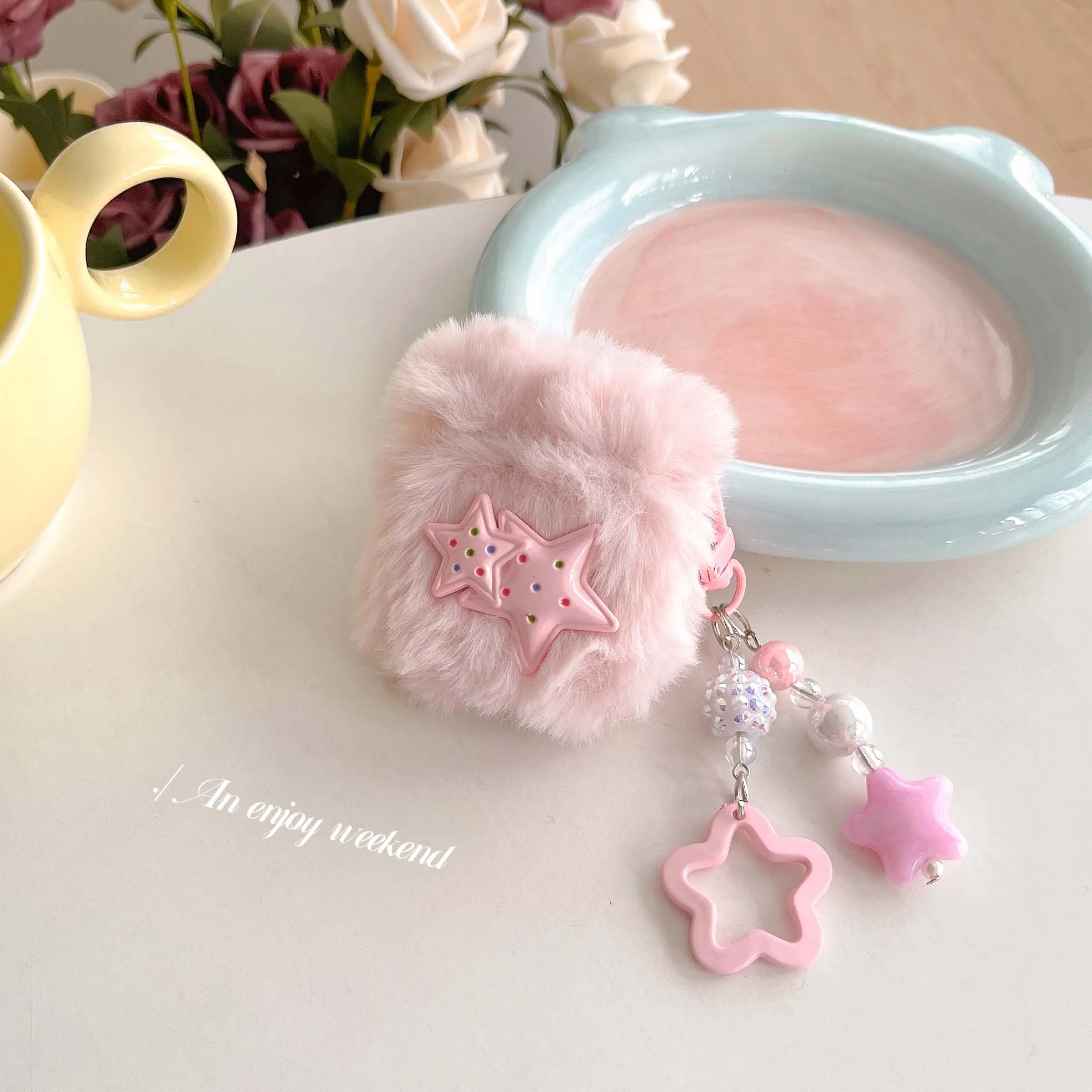 Pink cute stars ins hair plush earphone cas for apple airpods 1 2 pro 3 pro2nd 3d five-pointed star barcelet protector fundas image 5